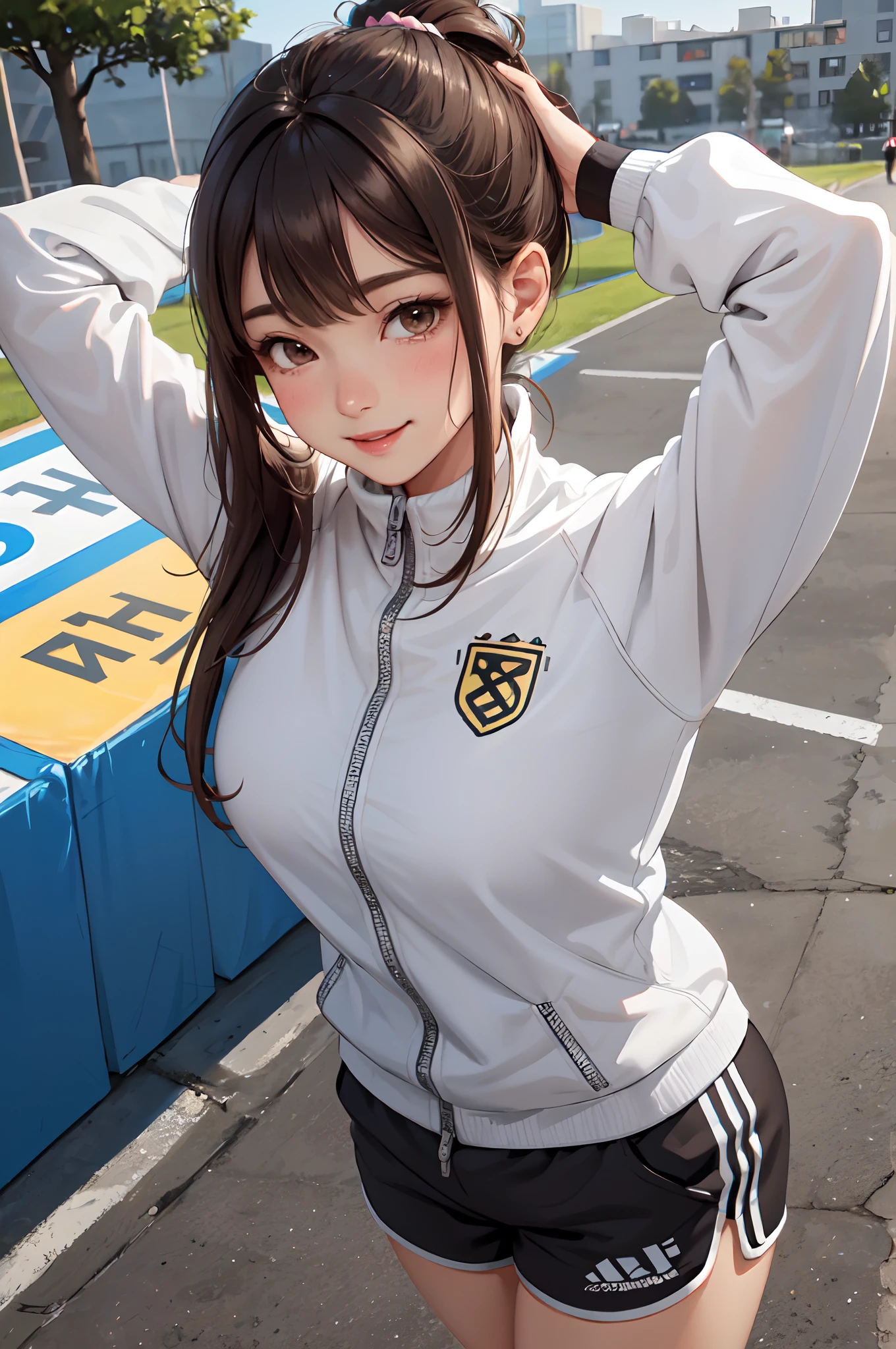 1lady solo, standing, mature female, /(stylish tracksuit long sleeve/) /(sports shorts/), /(brown hair/) bangs, blush kind smile, (masterpiece best quality:1.2) delicate illustration ultra-detailed, large breasts, /(arms up hands behind head/) BREAK /(pubric park outdoors/), detailed background