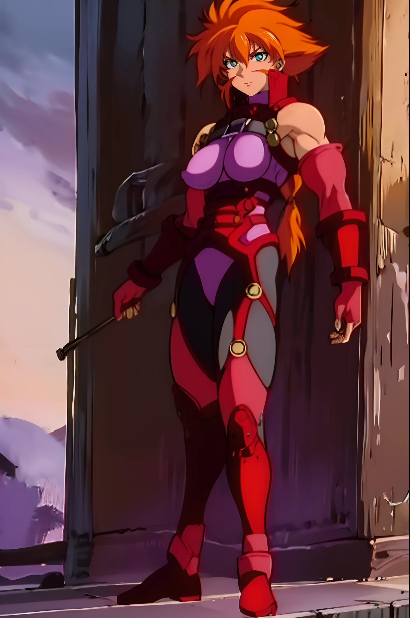 elle_ragu, huge_breasts, purple_leotard_black_pantyhose_red_gloves_garter_belt_red_boots_leather_gorget, standing, solo, masterpiece, best quality, detailed face, detailed eyes, highres,, standing full body