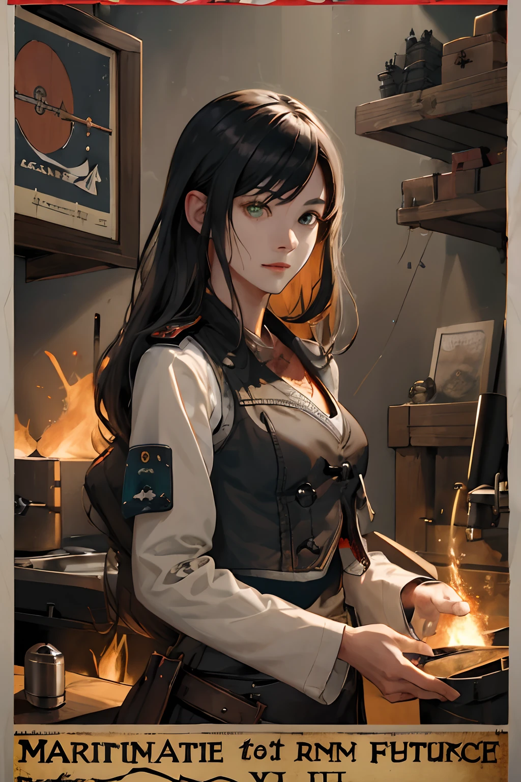 ((((((Maritime Self-Defense Force poster))))))、(absurderes、hight resolution、ultra-detailliert)、1womanl、a matural female、Age up、wavy and long hair、Split color hair、heterochromia iridis、bangss、long-sleeve、finely eye and detailed face、extremely detailed CG unified 8k wallpaper、intricate-detail、(style-rustmagic:0.8)、(medieval cyborg:0.8)、portlate、(bloody wounds:0.7)、Look at viewers、独奏、Half shot、细致背景、(Steampunk Theme:1.1)Determined representation、Dark Cooks Technomancer、 floating lights、Geared color leather vest、tech wear、jetpacks、Workshop in the background、Machines、gear、steams、Industry、tech、furnace、impurity、anvil、buttoning、levers、automaton、electricity、electric sparks epic atmosphere、、portlate