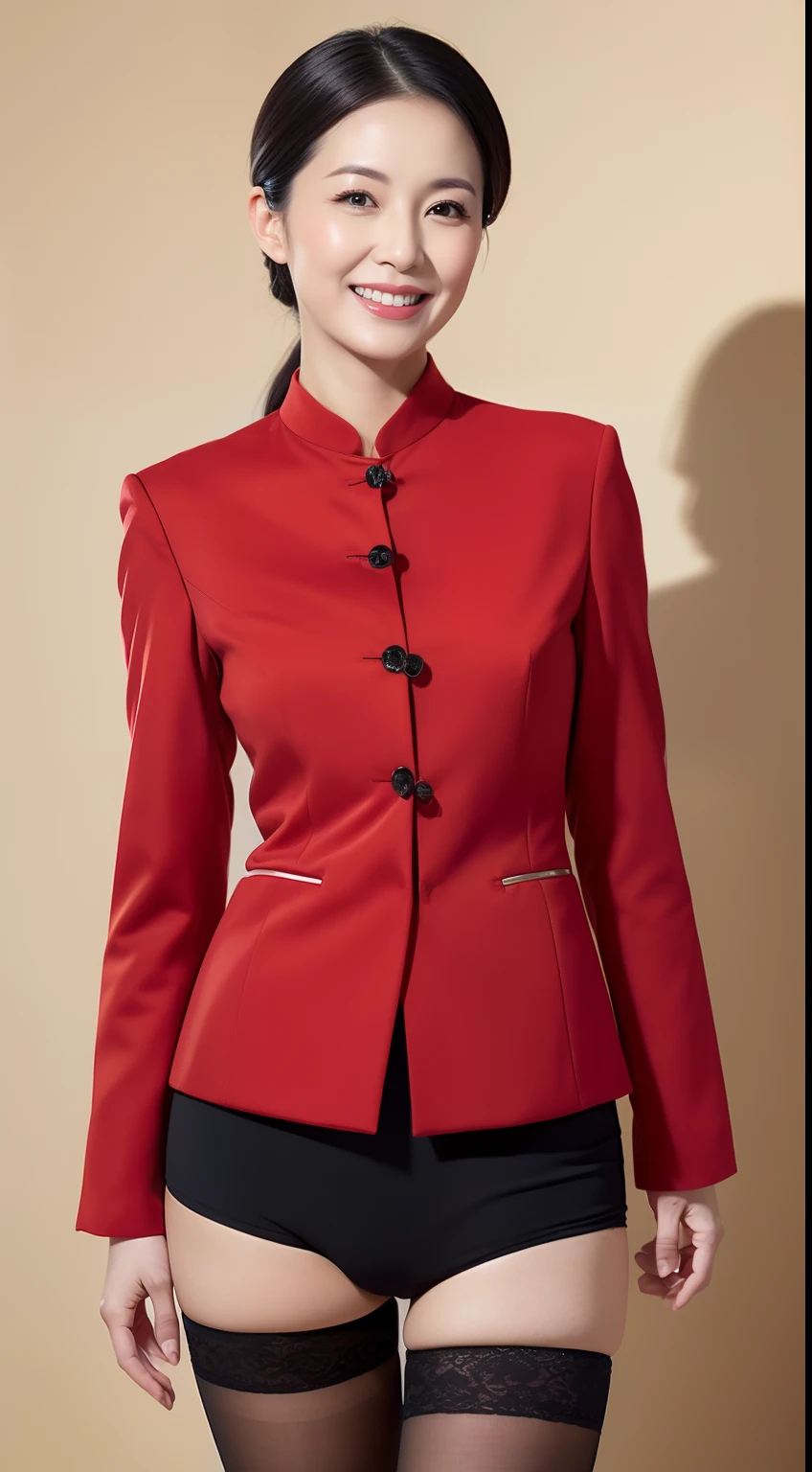 Masterpiece,Best quality, (maam. clerk:1), ((Portrait:1.3)), Cross arms， Smile，Red professional attire，Long legs，skin hyper-detail，Clear pores，in a panoramic view，Cocked buttocks，black lence stockings，Beautiful young Japanese woman over 40 years old,  Perfect face, Fantastic look,  (Detailed facial features),  Clean and nice face