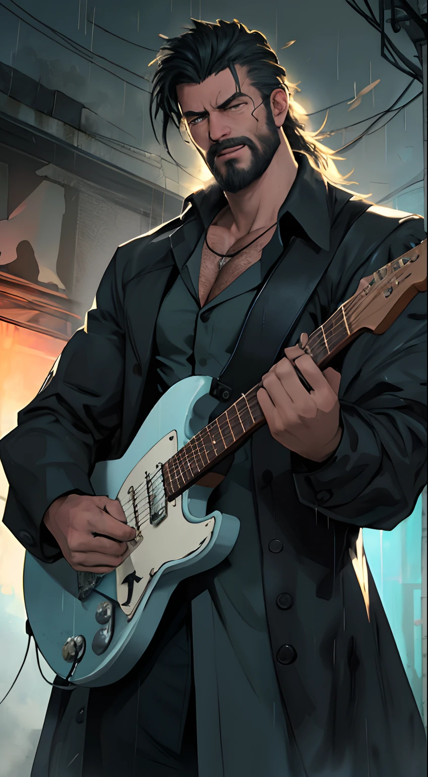 There is a man playing the electric guitar on room of ruin, it rains and smoky, midnight blue neon fog, broken glass flame, bonfire of drums are there, he gets wet in the rain, droplets, gigachad muscles, wearing a shoulder-padded dark green trench coat, wearing black dress shirt as inner, muscular men , male art, Eric Clapton, Commission for high resolution, Very heavy vignette!!!,hard ,Nothing is worn, slight laugh,veiny muscles,,shaggy lumpy body,Silver Plate Tag Necklace,Dad with extreme muscle mass,Black little long shaved side hair,Cropped beard face, little laugh, Around 50 years old,tanned brown skin,ultra-detailliert,High quality,Realistic and smooth skin texture,Photorealistic Dandy Guy,Light and shadow