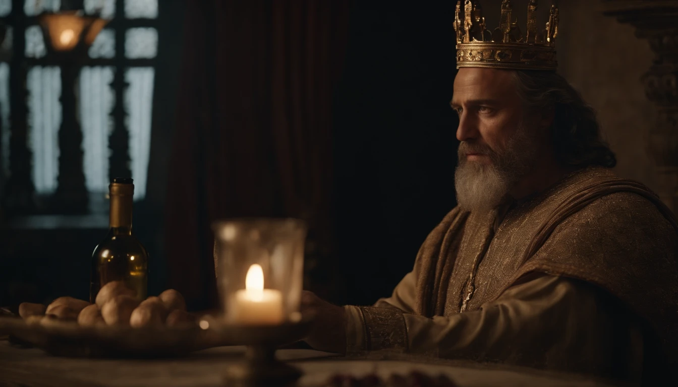 King Artaxerxes in his palace with a glass of wine, Character from the Bible