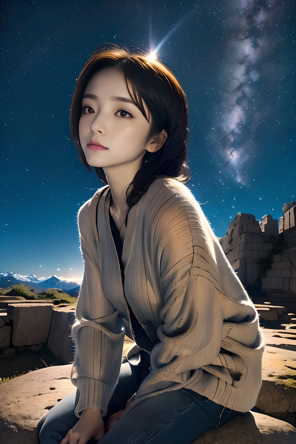 top-quality、masuter piece、ultra-detailliert、8k、独奏、parfect anatomy、、(((Girl sitting on a huge rock looking at the sky、up looking_Away:1.2、Looking at the sky)))、From Side、knit hat、Greyprint Hoodie、Straight Old Denim、bare-legged、Night、starrysky、fullmoon、milkyway、blurry backround:1.5、plein air、mont、I can see the mountains、Kyu Sakamoto Look Up and See the Stars of the Night