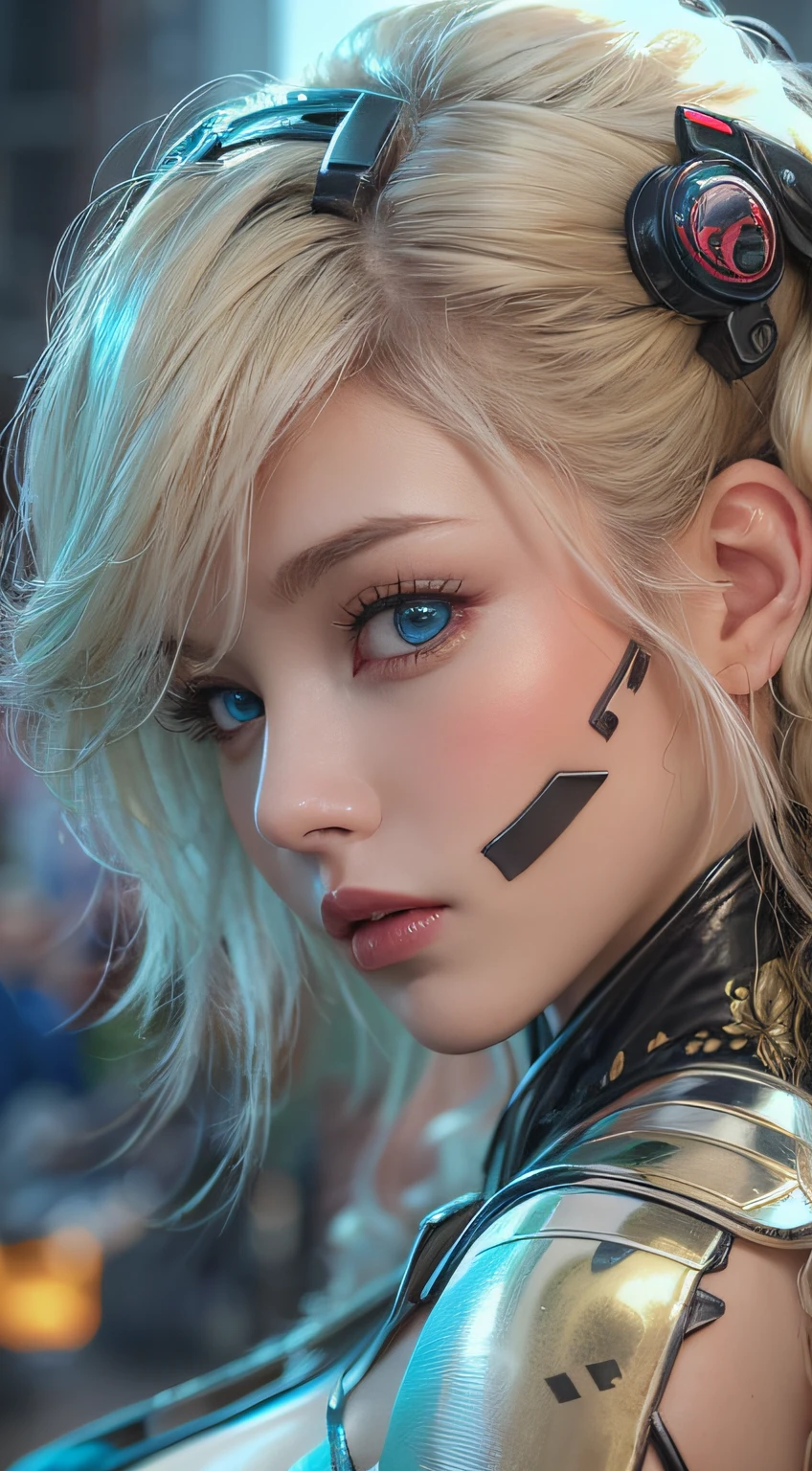 ​masterpiece, 1 beautiful girl, Detailed eye, Swollen eyes, top-quality, 超A high resolution, (reality: 1.4), 电影灯光, very extremely beautiful, Beautiful skins, A slender, Forward-facing body, (A hyper-realistic), (hight resolution), (8K), (ighly detailed), ( Best Illustration), (beautifully detailed eyes), (ultra-detailliert), 详细的脸, Bright lighting, Professional Lighting、The most beautiful and sexy cyberpunk girls, Blonde hair, Blue eyes, Wearing incredibly detailed futuristic cyberpunk battle armor, Colossal tits, Cleavage display, Lots of tattoos and piercings, In a metropolis in an ultra-futuristic city, Cherry blossoms blowing in the wind, Incredibly cinematic, An incredibly perfect masterpiece, High quality, High resolution