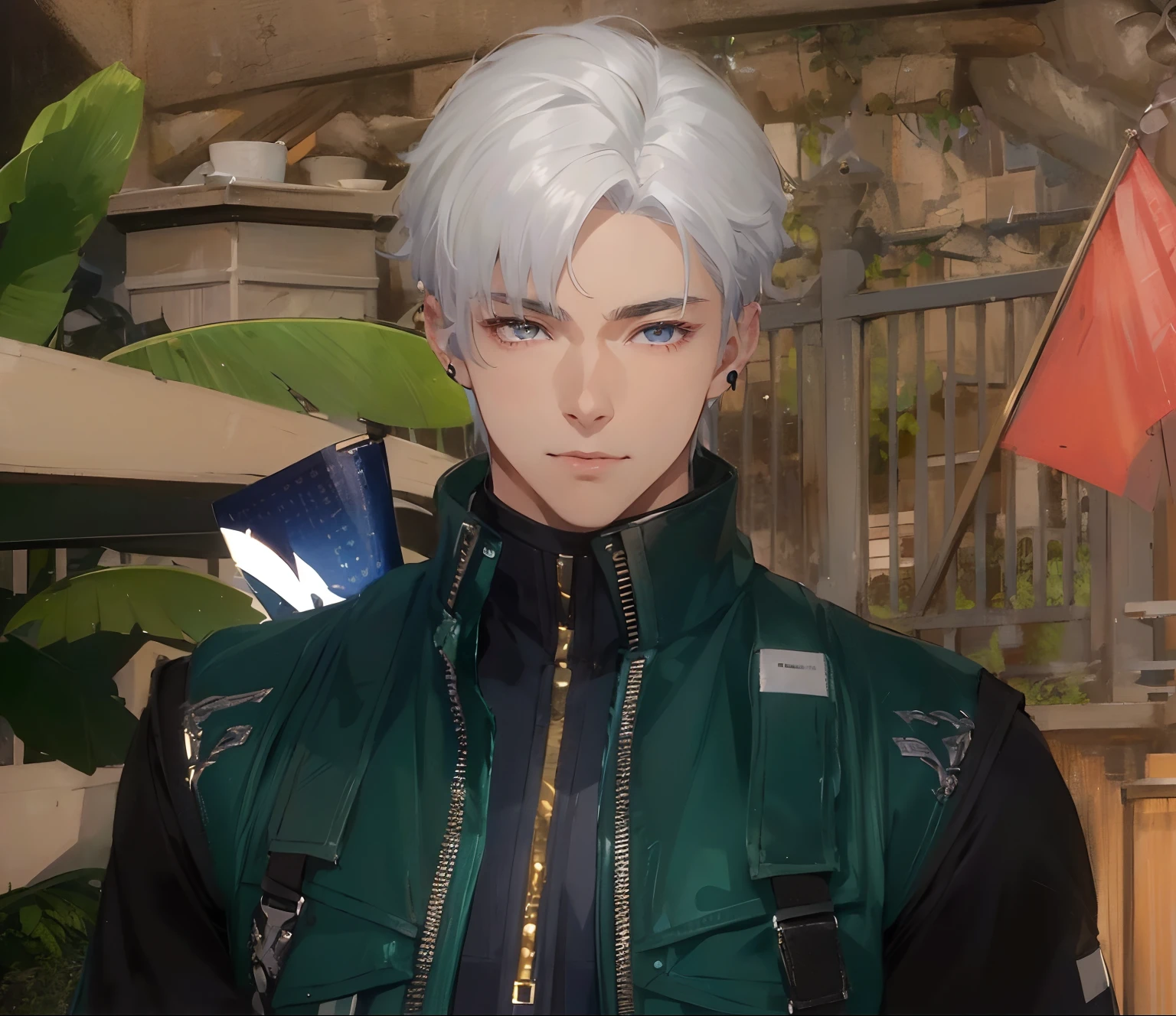 (absurderes、hight resolution、ultra-detailliert、nffsw)、masterpiece、top-quality、、独奏、a handsome、shorth hair、white hair、finely eye and detailed face、Casual clothing、Real Shadows、Joy、Connecting ears、The upper part of the body