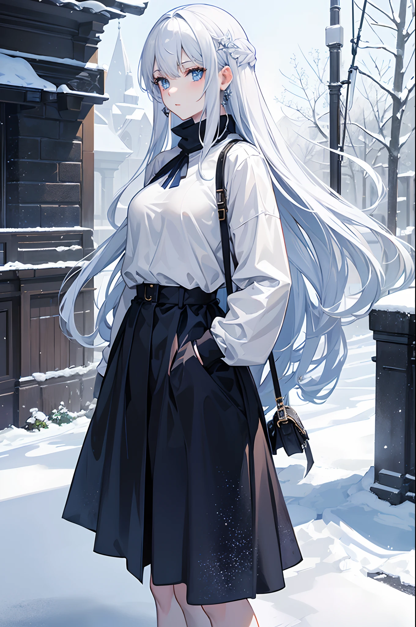 masterpiece, highlydetailed, ultra-detailed, cold, solo, (1girl), (pale skin), icyblue eyes, frosty white hair, cool Chara, flat face, young lady, lady chara, medium boobs, Arrogant, confident, cold face, goddess, cool kuudere girl, sharp eyes, (snowy background), snowflakes, (frozen flowers:0.5), (calm expression), (sparkling ice crystals), (modern casual clothes), (snow-covered ground), (smile:0.7)