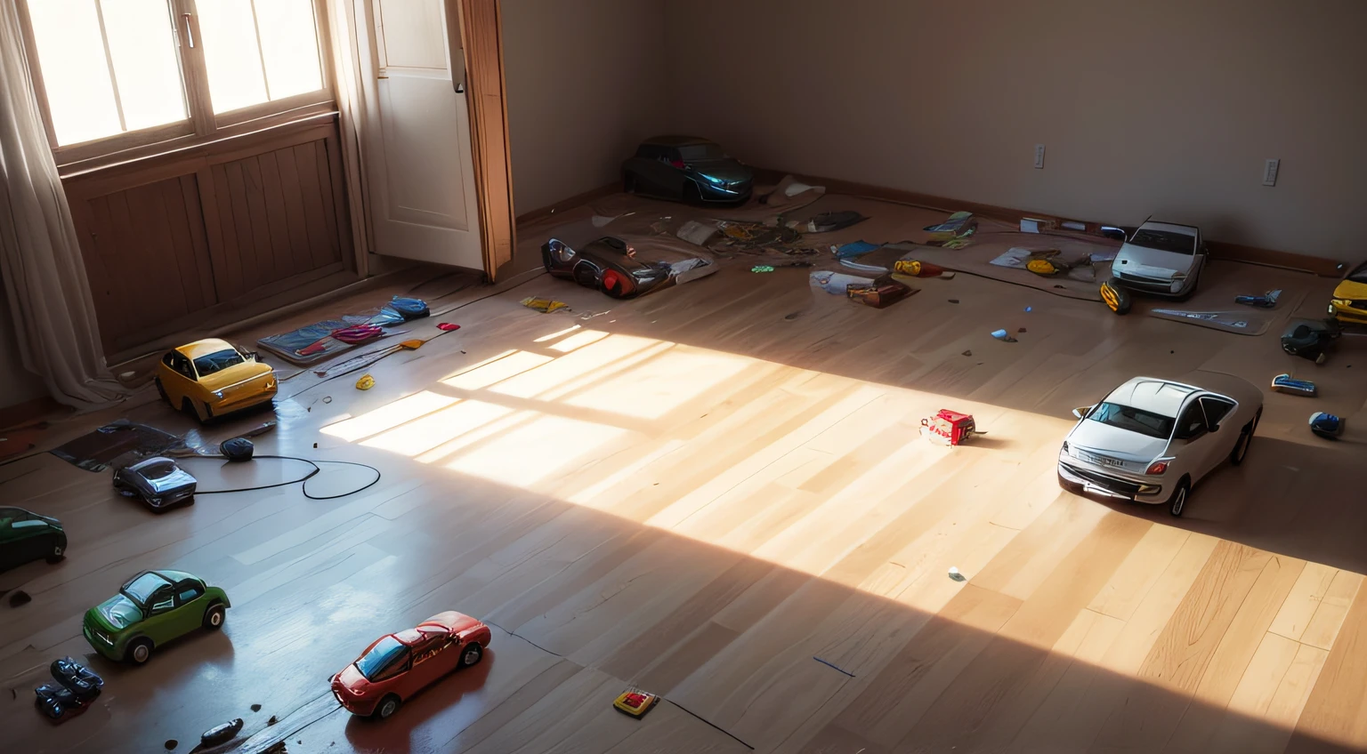 In an empty living room,The ground was littered with a mess of small car toys