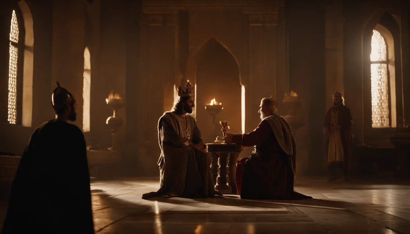 King Artaxerxes in his palace talking to his servant, Character from the Bible