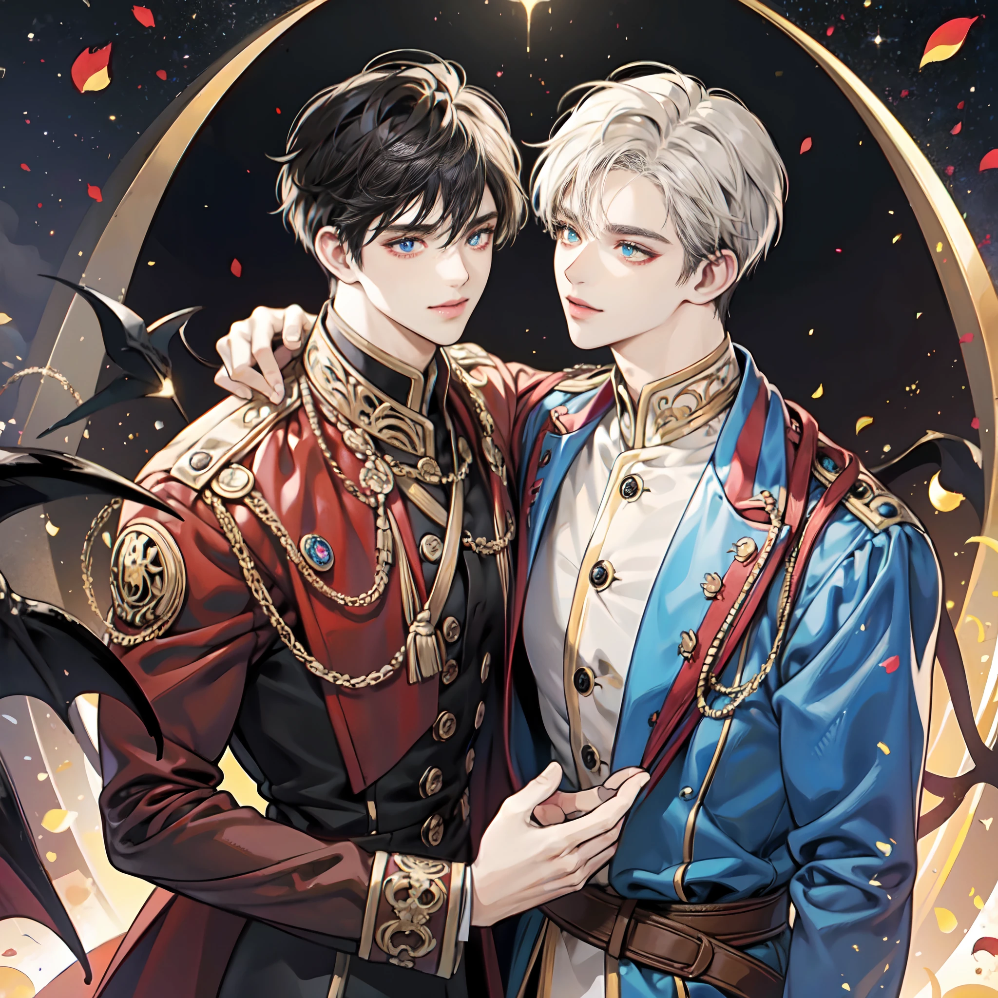 colorful, masterpiece, high quality, sharped, auto focus, looking at another, ((2male)),( gay male,yaoi male), handsome brothers, hollow eyes, ruby shaped pupils, glowing eyes, evil smile, male face,male hair, pixie cut, hair over eyes, hair between eyes,oldier commander uniform, upper body, cinematic, particle light, best shadow, ray tracking, extremely detailed