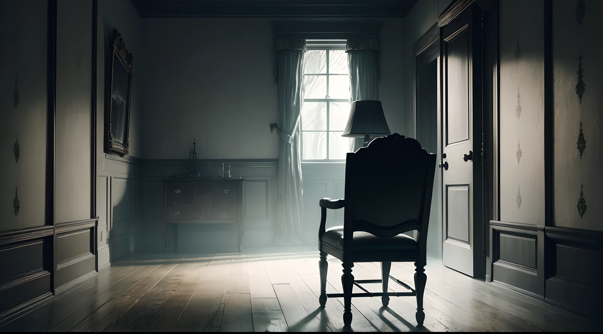 (best quality,4k,8k,highres,masterpiece:1.2),ultra-detailed,(realistic,photorealistic,photo-realistic:1.37),youth haunted room,dark, eerie atmosphere,spooky,haunted figures,ethereal presence,ghostly shadows,old decaying furniture,creepy artifacts,ancient whispers,mysterious inscriptions,faint flickering candlelight,cobwebs,lingering fog,haunting memories,creeping silence,hidden secrets,supernatural aura,misty windows,dusty floorboards,nostalgic air,darkness enveloping,unseen spirits,dramatic contrasts,dreadful silence,ominous energy,gothic architecture,peeling wallpaper,cracked mirrors,echoing footsteps,lonely chair,uncanny stillness,unearthly chill,macabre ambiance,unsettling vibes,cursed legacy,ominous presence,forgotten past,nightmarish dreams,gloomy corners,shadows dancing,distant whispers,echoes of despair,color scheme: dark and moody,lighting: dim and atmospheric