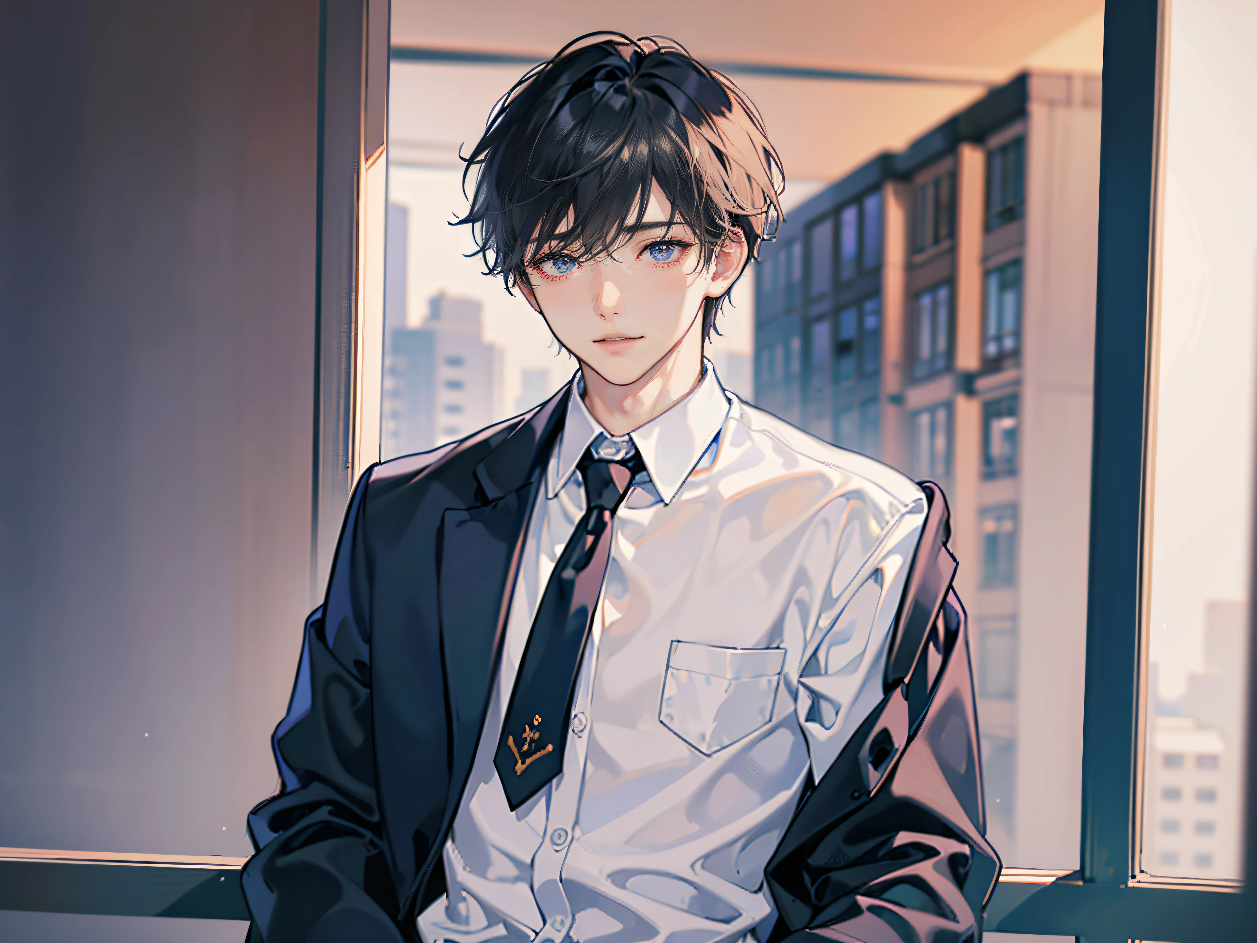 1boy, Face Focus, Adults, Business suits, jaket, white shirt, neck tie, underpants, top-quality, adopt, A detailed face, s Office, Building from the window, 细致背景, natta, depth of fields, bokeh dof,Menhera