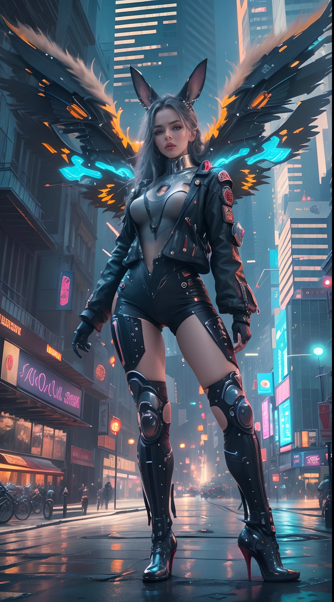 (Best quality,4K,8K,A high resolution,Masterpiece:1.2),Ultra-detailed,(Realistic,Photorealistic,photo-realistic:1.37),[Cyberpunk,Girl,The center of the picture,frontage，Mechanical,Metallic,robotic limb,high-heels，(Wings),(Rabbit ears)],Futuristic city landscape,nigth,which stands on the street，Science fiction elements,urban chic,