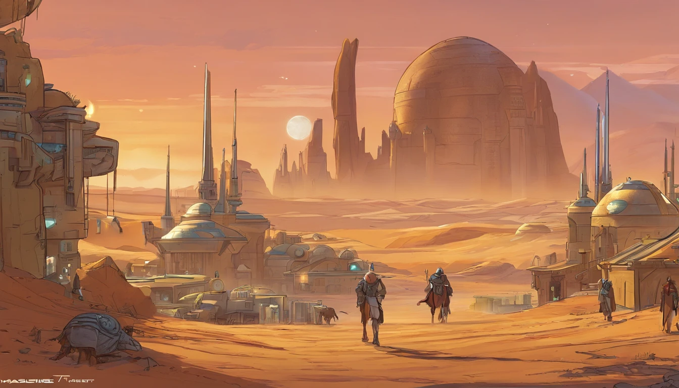 Planet Tatooine, The city, busy street, bar, concept art by Magalie Villeneuve, trending on cg society, filmstill ""Star Wars"": The Old Republic", concept art by Ralph McQuarrie