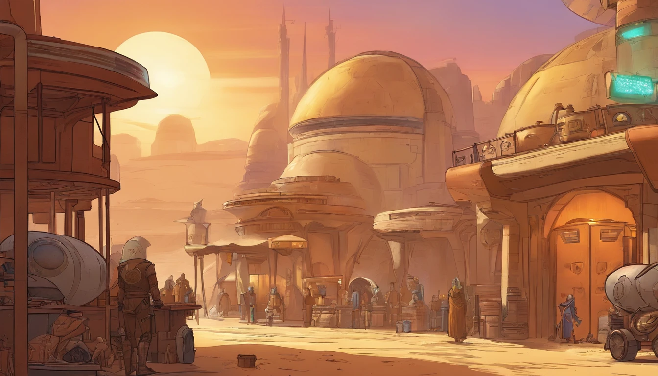 Planet Tatooine, The city, busy street, bar, concept art by Magalie Villeneuve, trending on cg society, filmstill ""Star Wars"": The Old Republic", concept art by Ralph McQuarrie