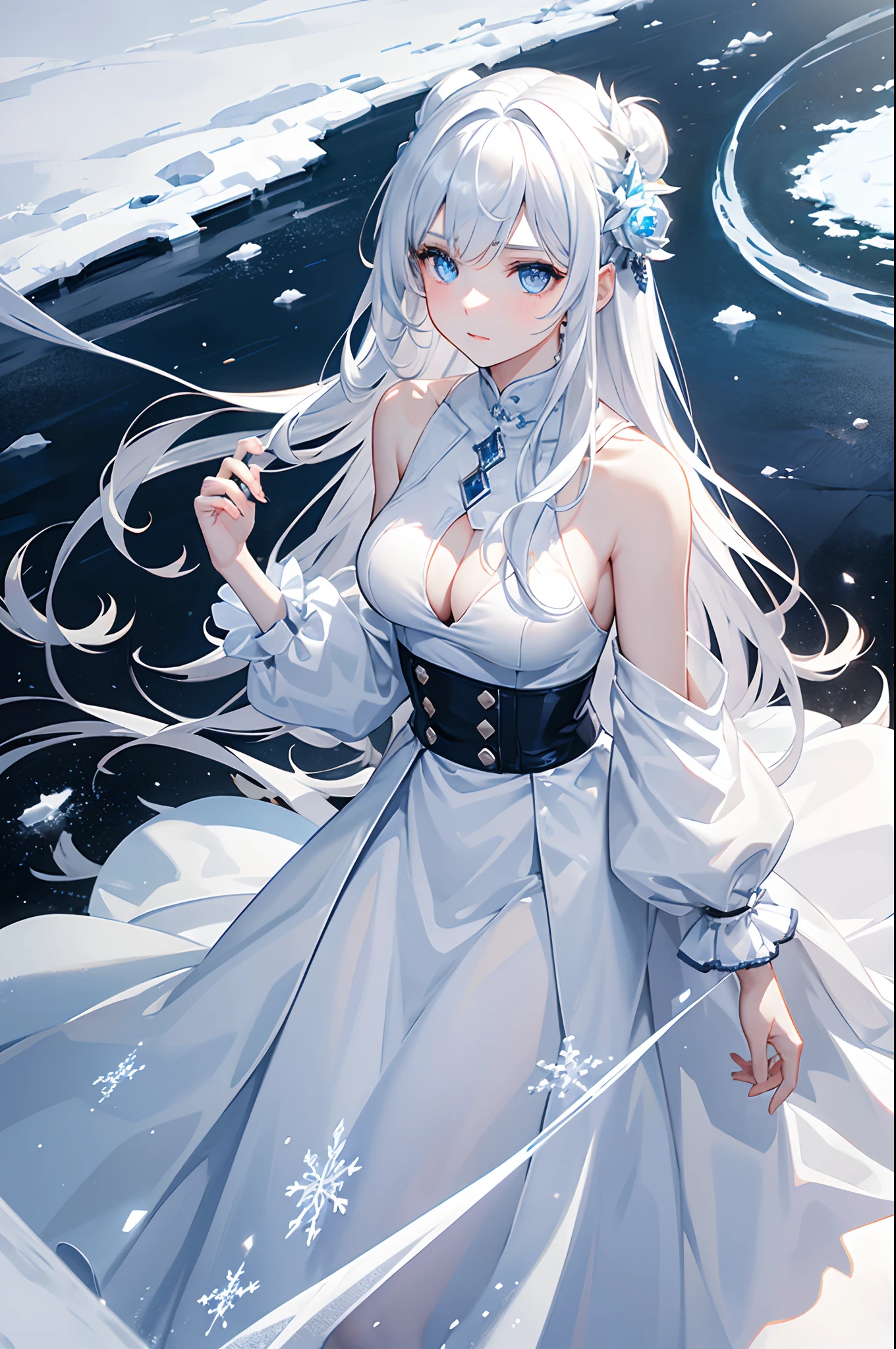 masterpiece, highlydetailed, ultra-detailed, cold, solo, (1girl), (pale skin), icyblue eyes, frosty white hair, cool Chara, flat face, young lady, lady chara, medium boobs, Arrogant, confident, cold face, goddess, cool kuudere girl, sharp eyes, (snowy background), snowflakes, (frozen flowers:0.5), (calm expression), (sparkling ice crystals), (modern casual clothes), (snow-covered ground), (smile:0.7)