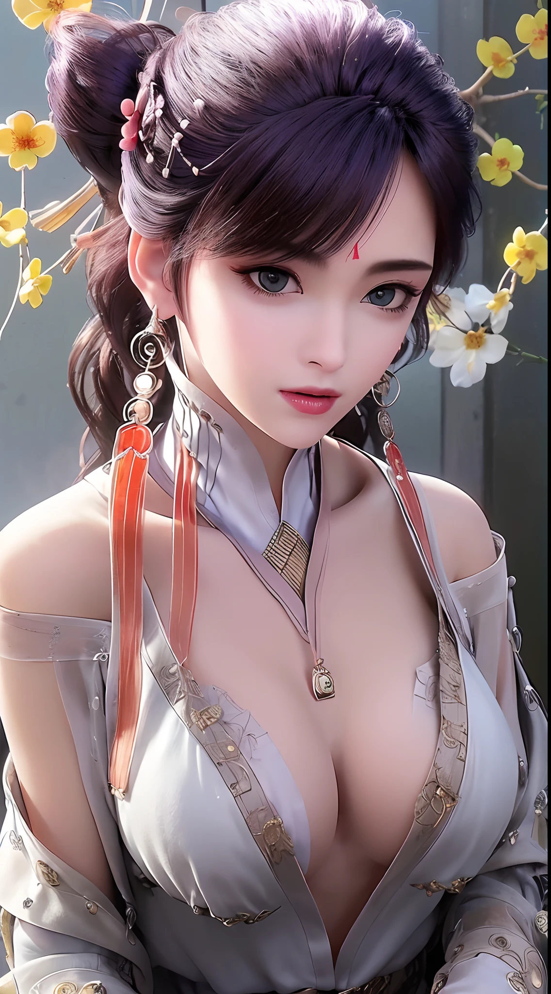 1 beautiful and sexy 20 year old girl, ((ultra-thin sexy nightgown with deep slits to cover :1.8)), ((full nude:1.6)), ((The girl wore an off-the-shoulder dress that revealed her cleavage and exposed her breasts beautifully:1.8)), ((long black hair:1.8)), bangs, elaborate jewelry made from precious stones and beautiful hair, the noble, noble style of an extremely girl beautiful, very pretty and lovely face, ((bright face:1.2)), very pretty face, thin eyebrows, eyes are so beautiful and perfect, flawless beautiful face, ((black pupil: 0.8)), very beautiful eyes, ((eyes silver: 1.5)), ((light purple eyeshadow makeup is very attractive and devilish:1)), beautiful makeup and detailed hairdo, eyelashes, steamy eye makeup, high nose, earrings, plump red lips, beautiful and balanced lips, ((closed mouth: 1.5)), slim hands, beautiful thighs best, ((Sitting position, chest puffed out and arms behind: 1.6)), ((unbutton the girl's shirt:1.6)), ashamed, rosy face, clean face, flawless beautiful face, smooth white skin, (big breasts: 1.3)), ((high breasts: 1.6)), firm breasts, beautiful cleavage, (((big and super round breasts: 1.5))), ((super tight breasts: 1.5)), beautiful breasts, busty breasts, perfect body, thrust your chest forward, 8k photo, super high quality, hyper realistic, super 10x pixels, optical, studio bright, edge bright, two-tone lighting, (high detail skin: 1.2), super 8k, soft light, high quality, volumetric light, optical, high resolution optical, light, best photo, 8k quality, smooth sharpness, (((bright white skin, super bright background: 1.2))), (((super bright skin:1.5))), bright colors harmonious light, ((red flower background:1.5)), aurora, lightning, surreal graphics, most realistic graphics, alone, solo, Extremely sharp, surreal images, look at the beautiful girl's body, (((frontal portrait: 1.2)))."
