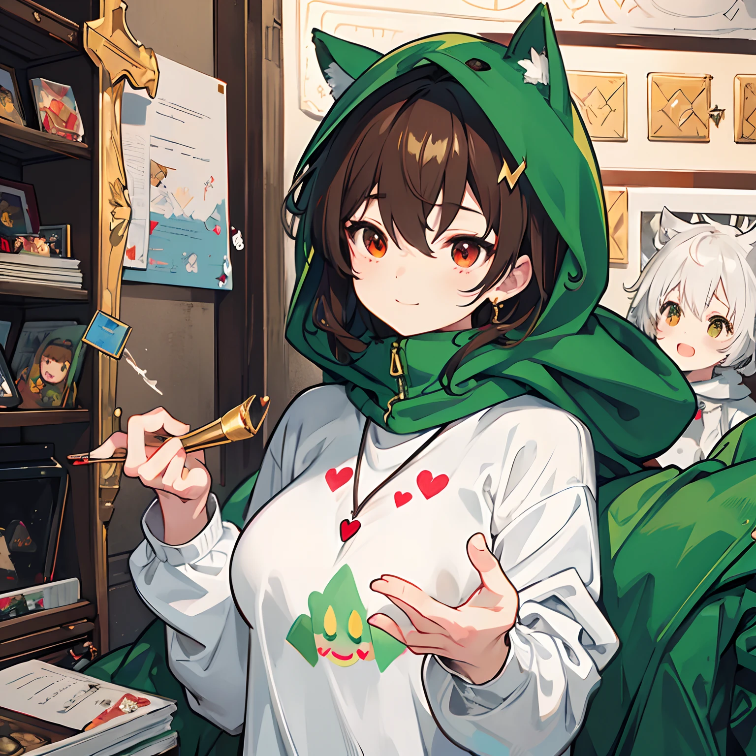 undertale,chara,solo person,Lone wolf,shadowy,Grinning,red - eyed,Sick,morden,Cold-blooded killer,Standing in the shadows,Green hood,Green sweater,brown shorts,daggers,stocklings,Full body standing painting,with short brown hair,Be red in the face,Hand repair,the detail,k hd,Gold love heart necklace,Close to the original,illustration,CG,anime big breast,quadratic element(Optimal image quality,tmasterpiece,sexual appetite)