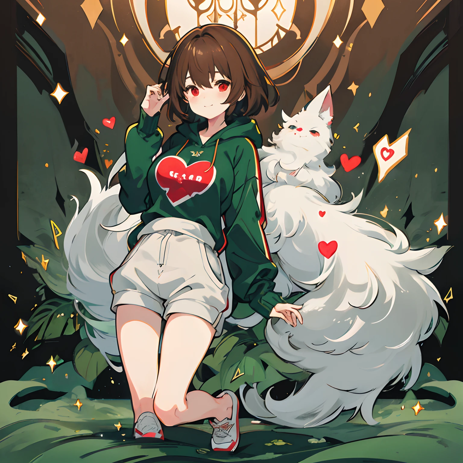 undertale，chara，solo person，Lone wolf，shadowy，Grinning，red - eyed，Sick，morden，Cold-blooded killer，Standing in the shadows，Green hood，Green sweater，brown shorts，daggers，stocklings，Full body standing painting，with short brown hair，Be red in the face，Hand repair，the detail，k hd，Gold love heart necklace，Close to the original，illustration，CG，anime big breast，quadratic element（Optimal image quality，tmasterpiece，sexual appetite）