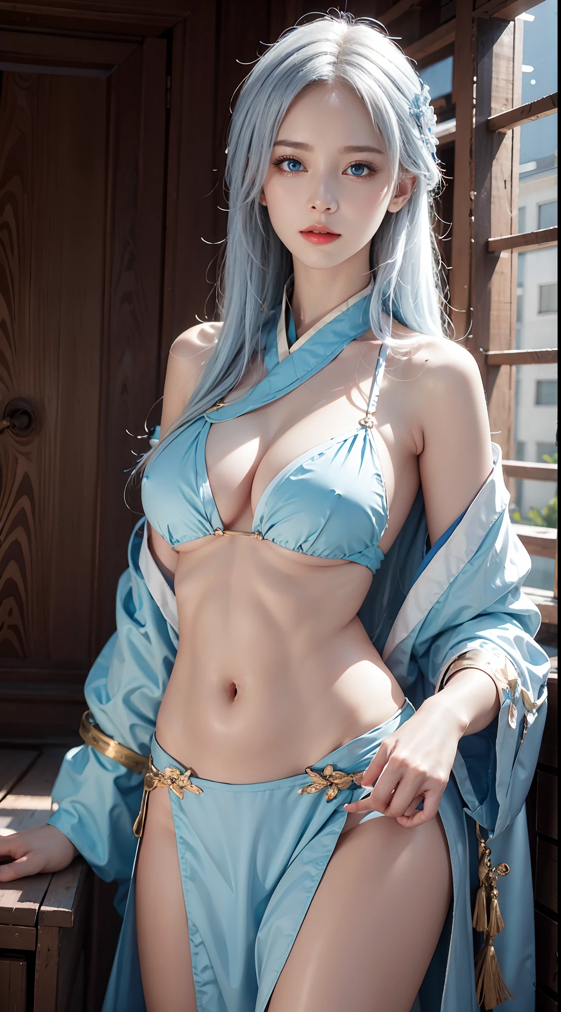 photorealistic, masterpiece, photorealistic, high resolution, soft light, waist up, blue eyes, white hair, long hair, navel, kimono