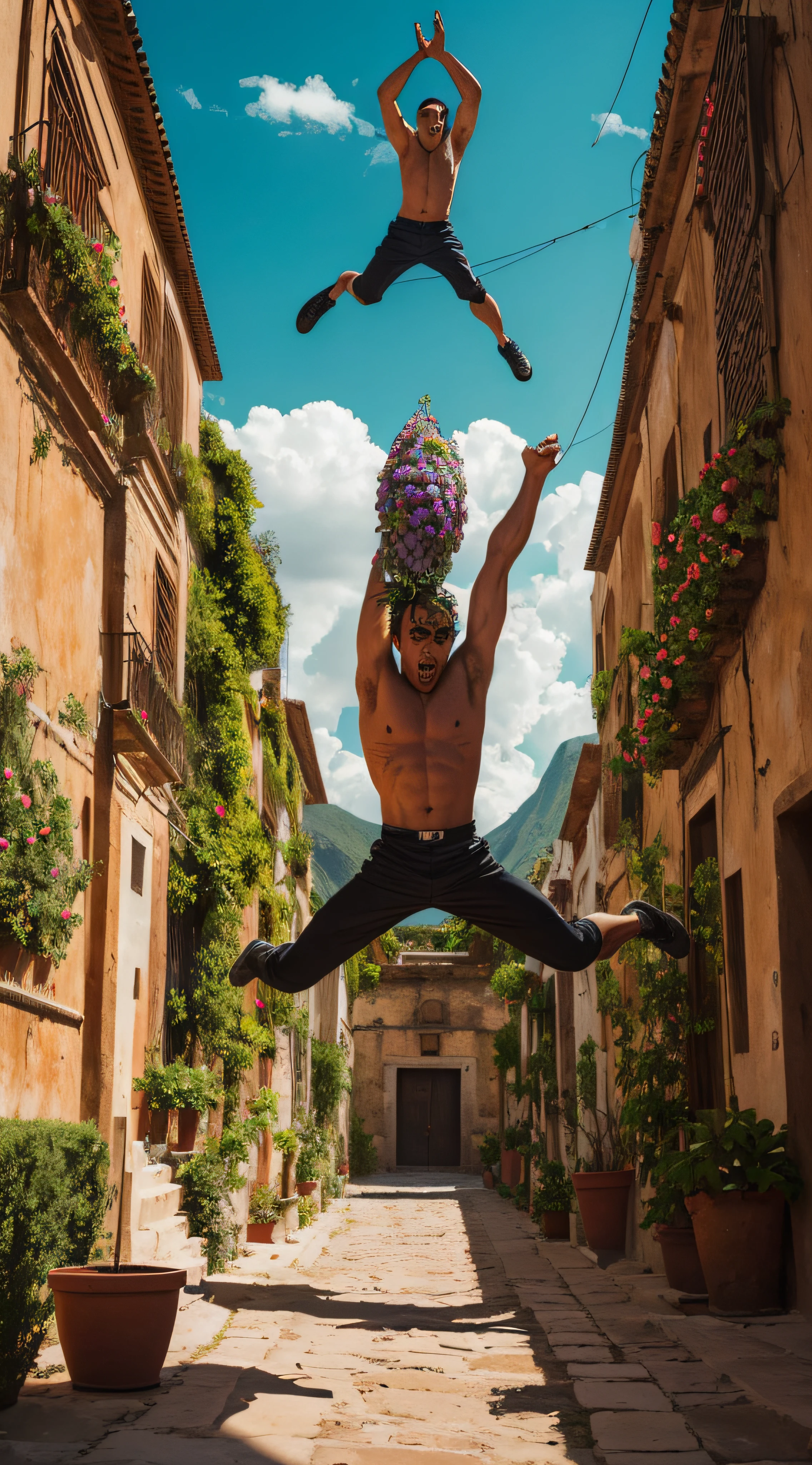 (extremadamente detallado, obra maestra, La mejor calidad, foto antigua, principios de siglo, VHS Aesthetics) mutant grotesk jumping. Vegetables from another dimension. Epic flowers far away, organic trees with meat. Luz noche.