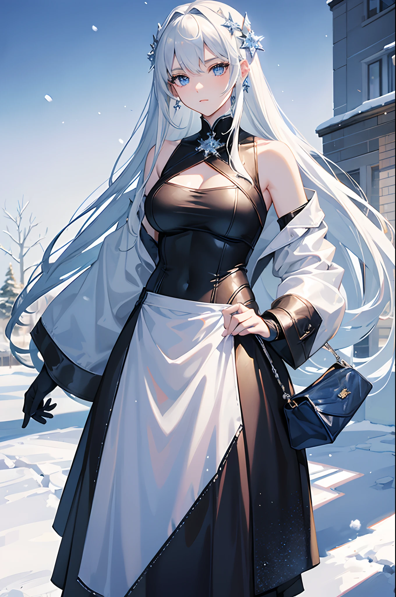 masterpiece, highlydetailed, ultra-detailed, cold, solo, (1girl), (pale skin), icyblue eyes, frosty white hair, cool Chara, flat face, young lady, lady chara, medium boobs, Arrogant, confident, cold face, goddess, cool kuudere girl, sharp eyes, (snowy background), snowflakes, (frozen flowers:0.5), (calm expression), (sparkling ice crystals), (modern casual clothes), (snow-covered ground), (smile:0.7)