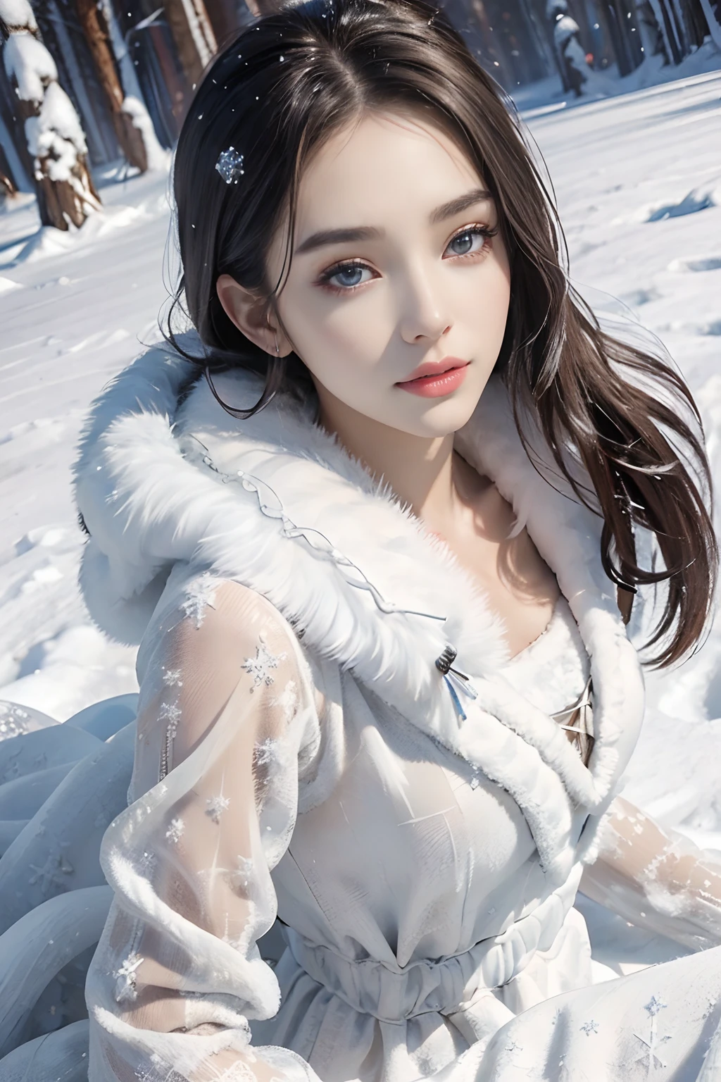 Ultra-realistic、 ultra-detailed portraits、 最high quality、 8K、highest level、 The ultra -The high-definition、(Super beautiful detailed face:1.5)、(detailed eyes:1.2)、(detailed lips:1.2)、(Detailed nose:1.2)、cinematic lighting、(anatomically correct:1.3)、((cleavage))、(I encourage you to choose a subdued and perfectly coordinated background for your phenomenal, diverse random creation)、(Use any technique of combining materials, natural, artificial, (light, heavy, airy), metals, elements and fantasy magic, any style, any outfit, choose eyes color, ((hair is a different color than eyes)), dynamic random fancy, professional hairstyles)、1girl:1.4 22years old、fashion supermodel、real:1.66、photorealistic:1.66、(very delicate and beautiful、fine details:1.3)、masterpiece、 最high quality、 (high quality)、 (absurdres)、 (sharp fous)、(Glamour, paparazzi taking pictures of her)、 contrast、 (dark shot:1.07)、red_lipstick:1.25、((perfect round eyes))、 (snowy white fur with a hood made of a wolf's head:1.34)、(matte skin:1.3)