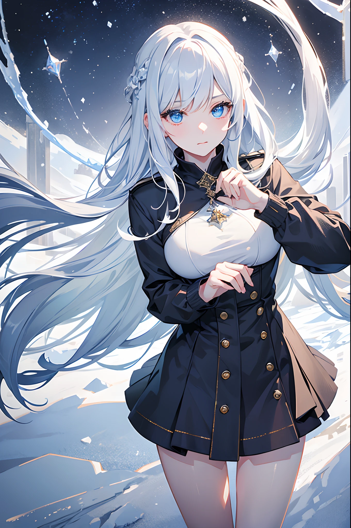 masterpiece, highlydetailed, ultra-detailed, cold, solo, (1girl), (pale skin), icyblue eyes, frosty white hair, cool Chara, flat face, young lady, lady chara, medium boobs, Arrogant, confident, cold face, goddess, cool kuudere girl, (snowy background), snowflakes, (frozen flowers:0.5), (calm expression), (sparkling ice crystals), (modern casual clothes), (snow-covered ground), (smile:0.7)