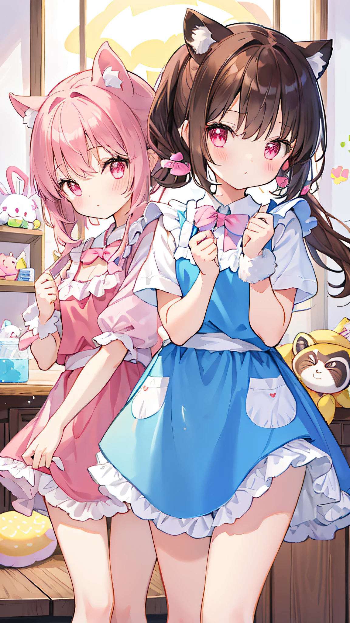 Beautiful illustration、top-quality、Cute twin girls、Cleaning for 2、PastelColors、Fluffy raccoon ears、小柄、brown haired、Bright lighting、bright pink eyes、Pony tail