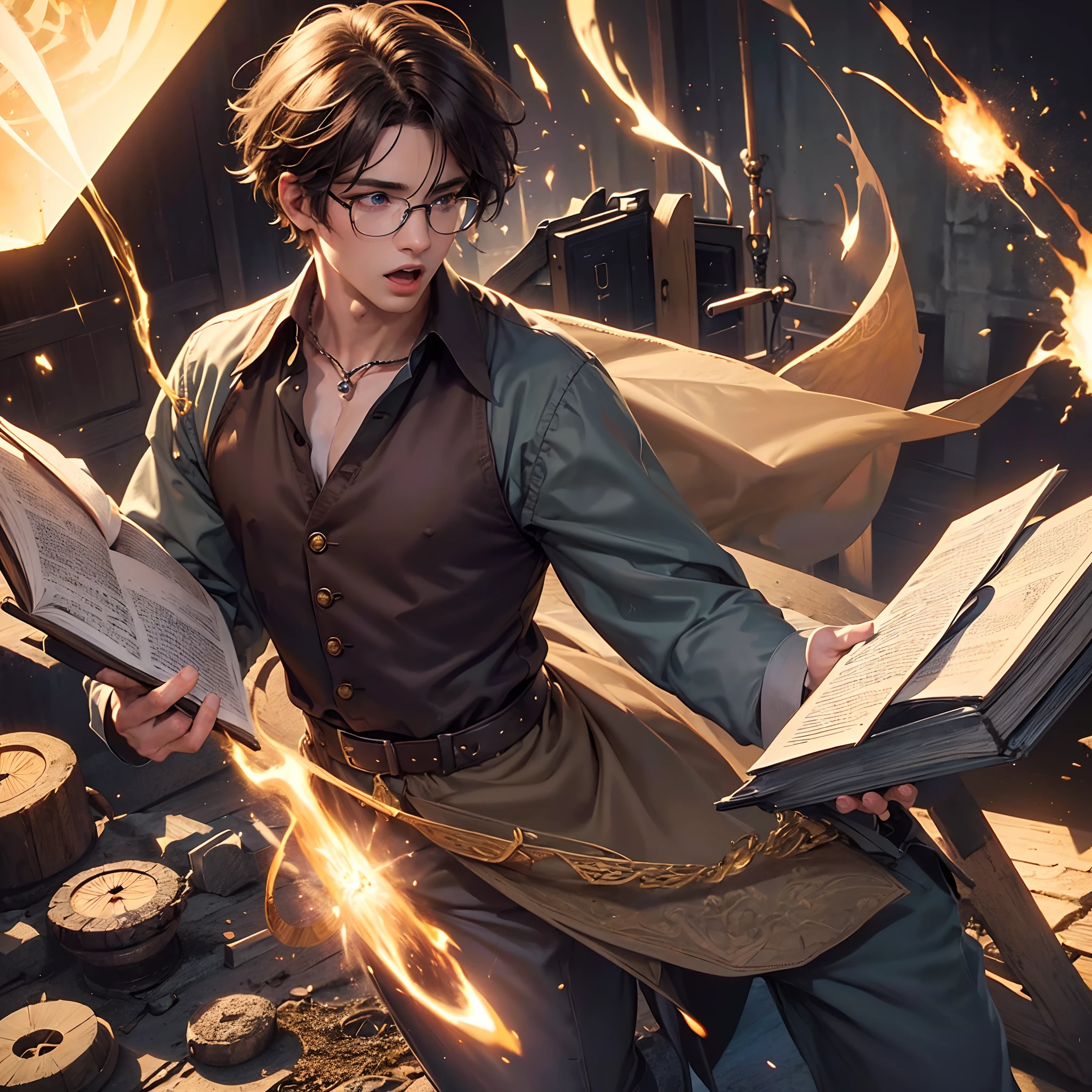 (masterpiece, best quality, ultra-detailed, best shadow), (detailed background, wide shot, male focus, (barn:1.4), (magic circle), standing, open mouth, holding book, incantation, grimoire, light particles, ritual, (summoning), powering up, energy ), high contrast, (best illumination), ((cinematic light)), colorful, hyper detail, dramatic light, intricate details, BREAK (detailed face, masculine features, nerd), ( 1boy, solo, young man named Micah, brown hair, blue eyes, short messy hair, button-up shirt, trousers, 1920s )