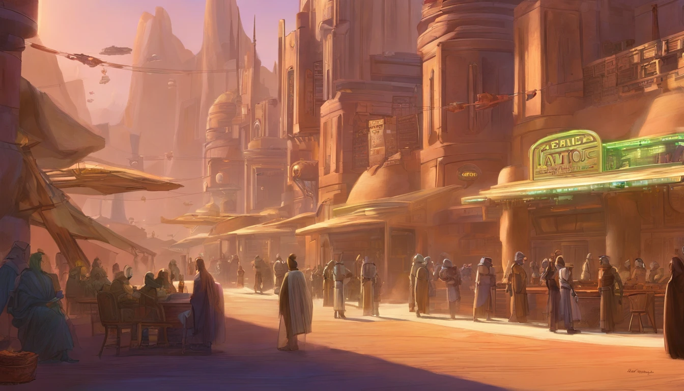 Planet Tatooine, The city, busy street, bar, A crowd in beautiful outfits and expensive accessories, parked expensive cars, concept art by Magalie Villeneuve, trending on cg society, filmstill """Star Wars""": The Old Republic", concept art by Ralph McQuarrie