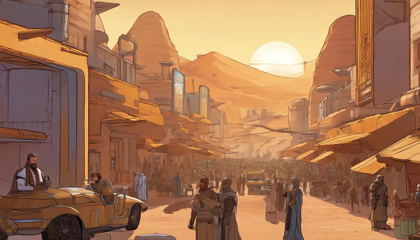 Planet Tatooine, The city, busy street, bar, A crowd in beautiful outfits and expensive accessories, parked expensive cars, concept art by Magalie Villeneuve, trending on cg society, filmstill """Star Wars""": The Old Republic", concept art by Ralph McQuarrie