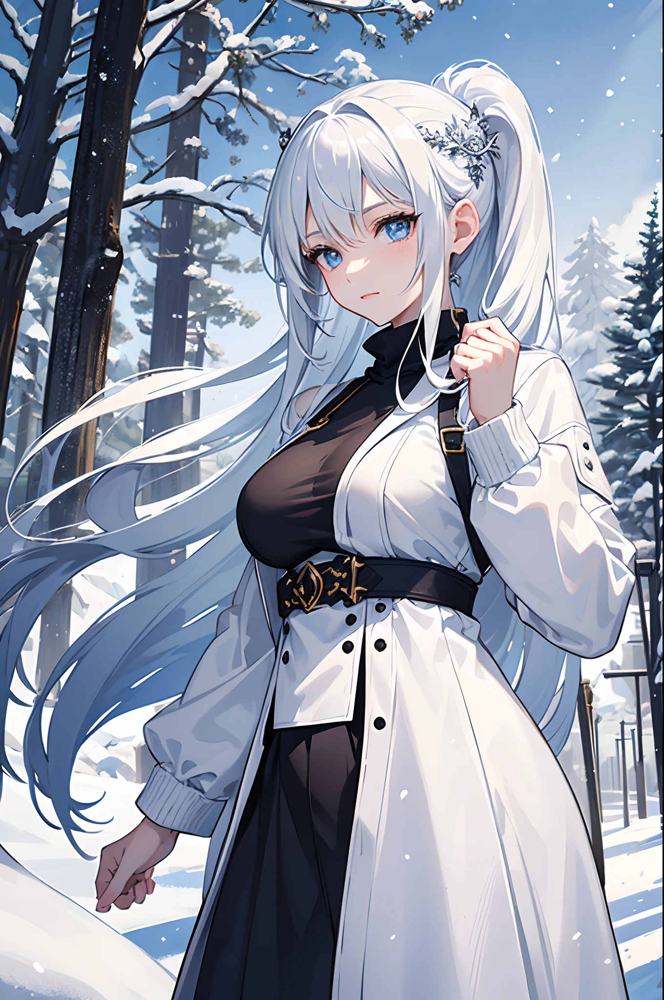 masterpiece, highlydetailed, ultra-detailed, cold, solo, (1girl), (pale skin), icyblue eyes, frosty white hair, cool Chara, flat face, young lady, lady chara, medium boobs, Arrogant, confident, cold face, goddess, cool kuudere girl, (snowy background), snowflakes, (frozen flowers:0.5), (calm expression), (sparkling ice crystals), (modern casual clothes), (snow-covered ground), (smile:0.7)