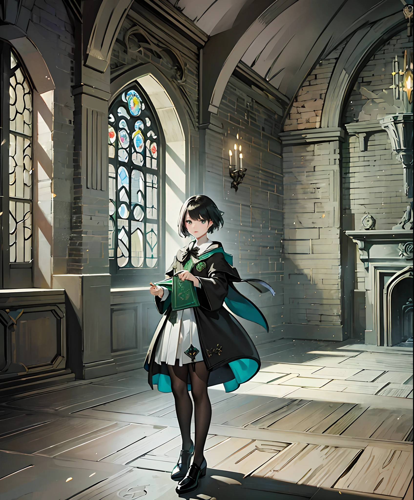 1 girl short medium black hair wearing hogwarts slytherin robes, in a room filled of light, medium shot of character, in hogwarts, hogwarts style, dressed with fluent clothes, from bravely default ii, magic awakened, hogwarts legacy, style game square enix --auto --s2