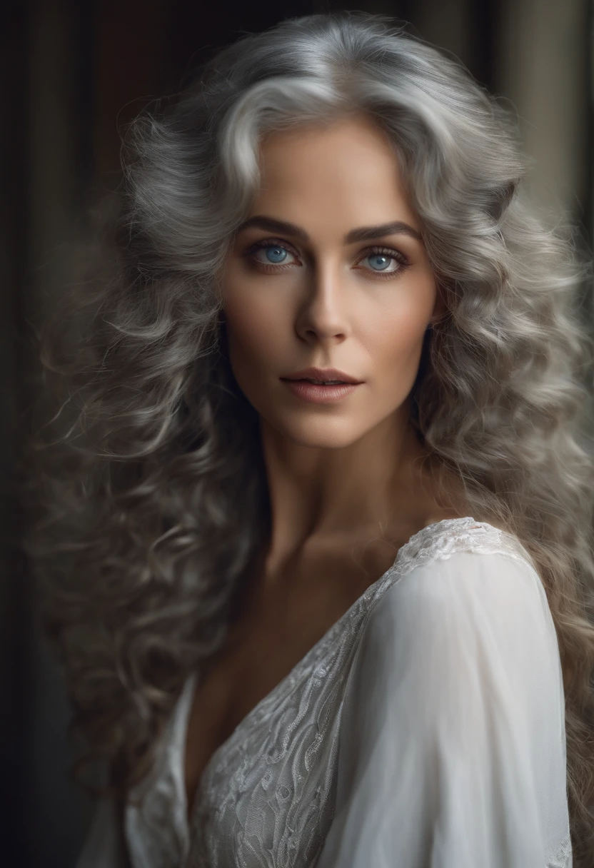 belle jeune femme avec des yeux gris, long curly grey hair and a white tunic