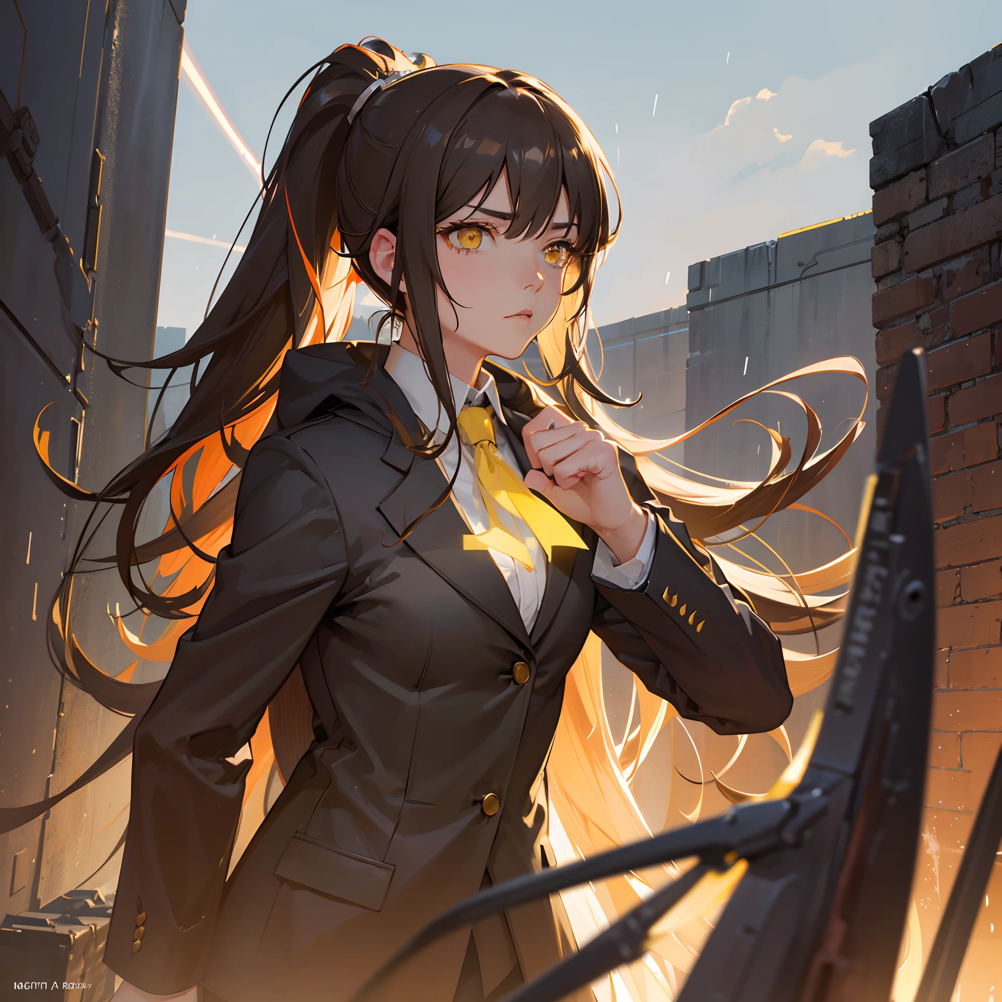 (masterpiece, best quality:1.2), cowboy shot, solo, 1girl, yoru \(chainsaw man\), expressionless, looking at viewer, yellow eyes, school uniform, pinafore dress, shirt, neck ribbon, long sleeves