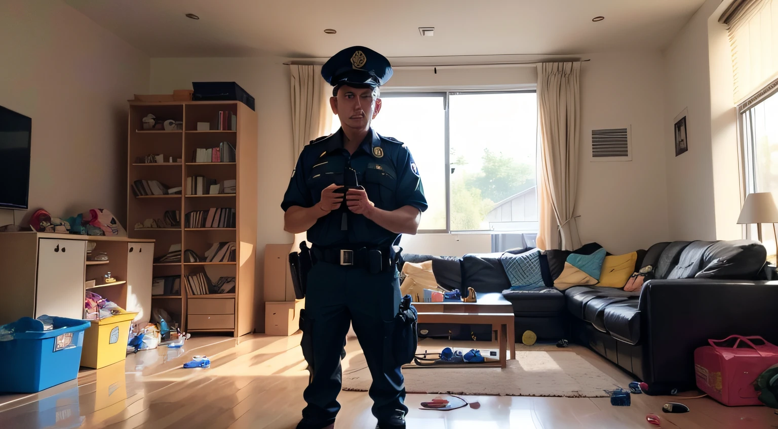 One was wearing a police uniform、The policeman with a serious expression stood in the middle of the living room, Toys on the living room floor are a mess everywhere