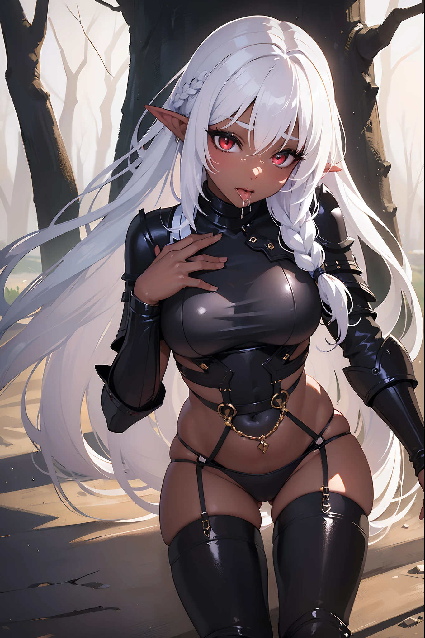 (photorealistic:1.4), (masterpiece, sidelighting, finely detailed beautiful eyes: 1.2), masterpiece*portrait, realistic, 1 girl, 3d face, red eyes, white hair, long braided hair, (dark skin), (dark skinned elf), (dark elf), sexy bikini armor, plate armor bikni, in the forest, (ahegao expression, tounge out, saliva dripping out of her mouth, drooling), close up view, viewer pov from infront of her, looking at viewer