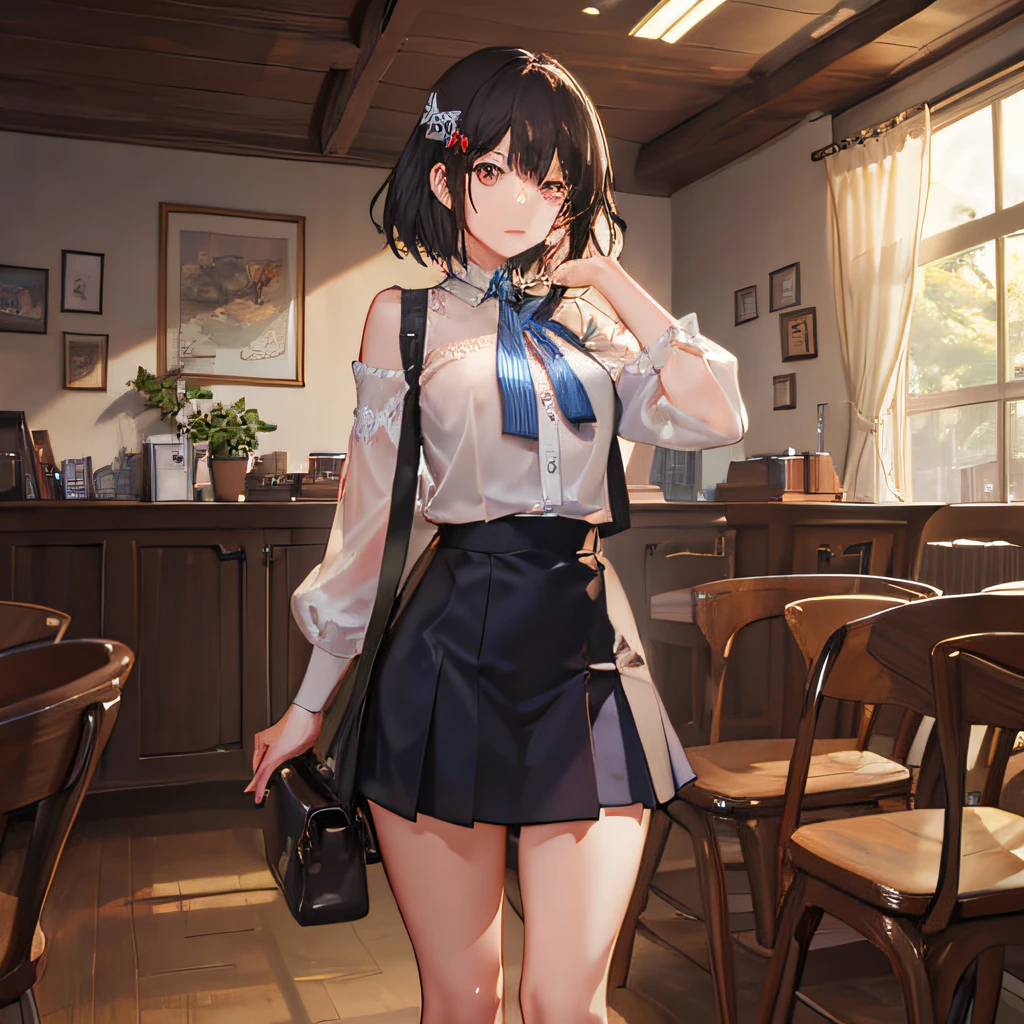 (masutepiece, Highest Quality), High resolution, (Illustration 1.3), 35 years old, A MILF, medium breasts, Black Bob Cut, Nervous, Looking at the camera, Inside the meeting room, White blouse, Blue skirt, bustup, Being interviewed