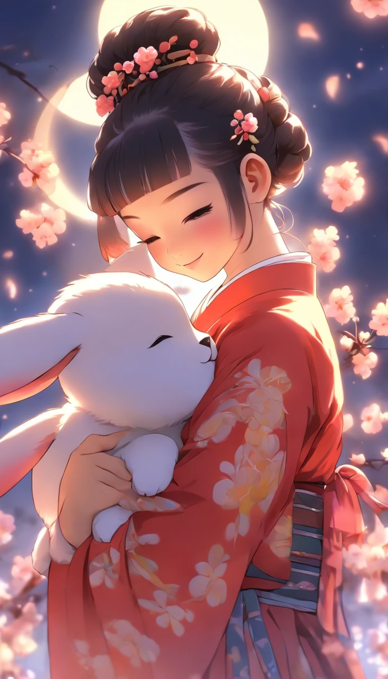 1girll, Moon, hair adornments, full moon, Cloud, sky,Night, Chinese clothes, Solo, Smile, Wide sleeves, Night sky, Long sleeves, flower, hug, hair flower, petals, child, Blush, parted lip, Black hair, Rabbit, Cloudy sky, forehead mark, Black eyes, face markings, updo, Artist name, Animal hugs, Hanfu, hair-bun, Girl child, Holding, Outdoors, Short hair, sleeves past wrists