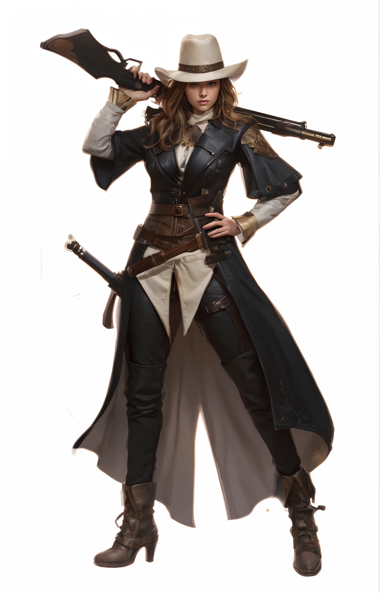 A country Caucasian woman in a long black coat and hat holding a rifle gun over shoulder, exact same gun, with a medieval sword on her right side hip, rpg concept art character, female medieval fantasy bounty hunter, western concept art, rpg character concept art, fashionable rpg clothing, female ranger medieval captain, rpg character art, rpg portrait full body, female lead character, beautiful full body concept art, (realistic, photo-realistic:1.37), (insanely detailed:1.3), 8k, (masterpiece), (best quality:1.4), (ultra high res:1.2), (RAW photo:1.2), professional lighting, cinematic realism