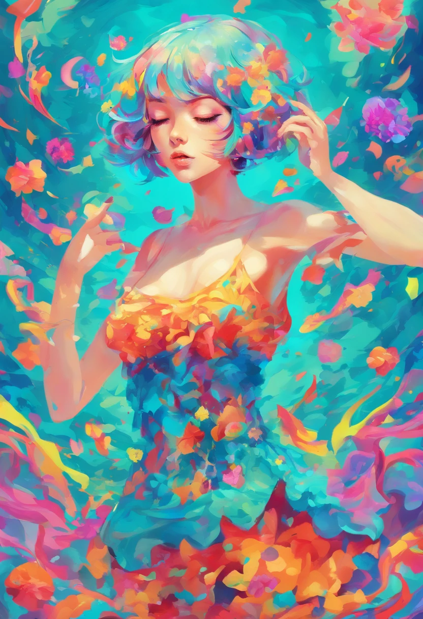 ((top-quality, 8K)), (Realistic), (Face Focus: 1.1), (cyan colors: 1.3), Kawaii Girl, short-hair,
Hair fluttering in the wind, Facing to the side, Look up at your face, Eyes closed, (Sleeveless: 1.1)、Skirt, D Cup Breasts,Countless petals