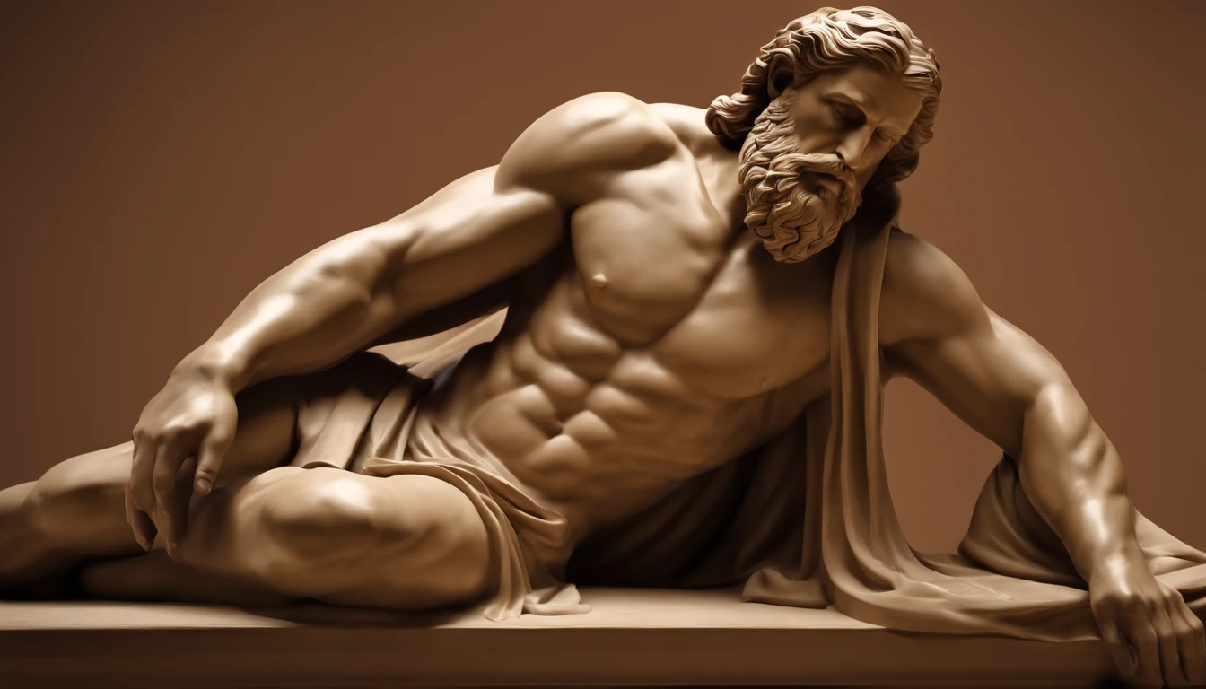 Muscular statue of Greek philosopher, barba grande, cinemactic, fundo escuro, 8k, ultra realistic, Scenario from 2,000 years ago, foto de frente, with both feet resting on the ground from the same height, with his elbows on his knees and his fingers intertwined giving an air of thoughtfulness
