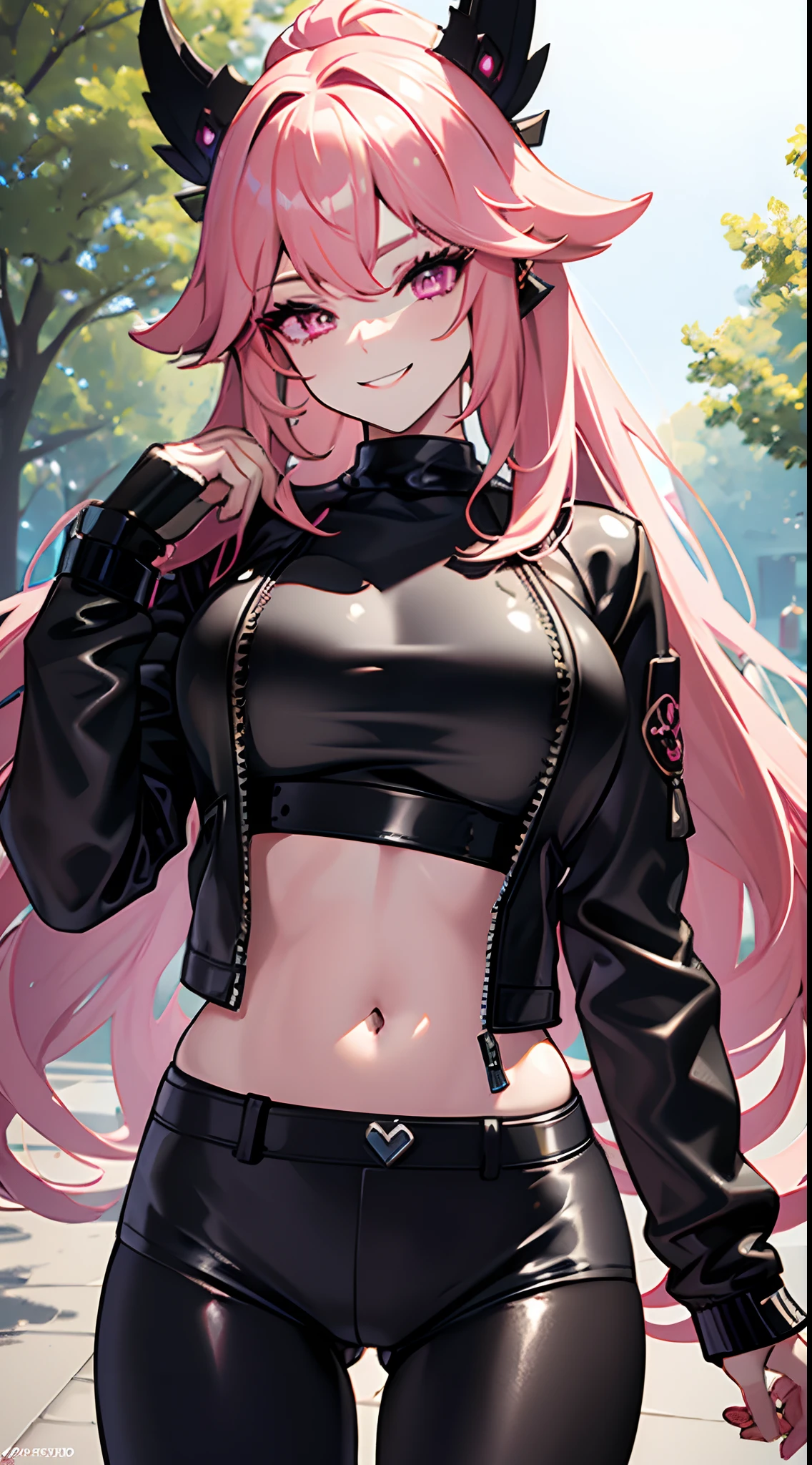 8k, highres, ultra detailed, (masterpiece:1.4), best quality, symmetrical body, adult woman, (Black leather jacket:1.4), (Black leather leggins:1.4), choker, cute, solo, earrings, head ornament, long hair, pink hair, pink eyes, glow effect, finely eye detailed face, looking at viewer, teasing viewer, in the park, angled view, big breasts, teasing smile, seductive look