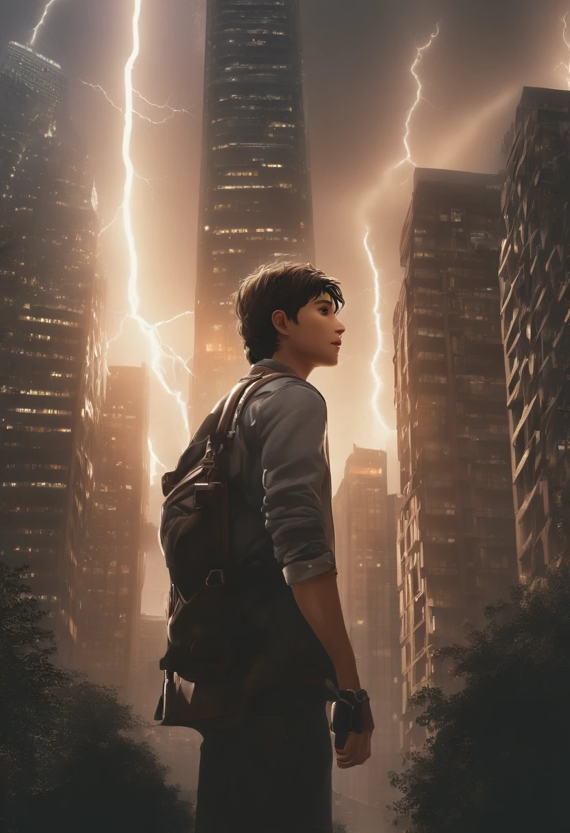 um menino de 13 anos、DAMP BODY、Protagonista estilo anime、looking at the camera、menino cyberpunk、The beginning of the adventure、(Encharcando:2)、(lightnings:1.5)、Muitas nuvens,Heavy fog、mistborn,Chaotic city of the future、Cinematic dystopia、A group of very tall skyscrapers is in the center、Paisagem urbana muito complexa,Crowded Chinese skyscrapers、Placas de rua、street lighting、taxis、Autocarros、Trem、blue lighting,estrada escura、Lots of puddles、caothic、Beautiful and fantastic landscapes、Cinematic setting、alta qualidade、masutepiece,em 8K、alta resolução、