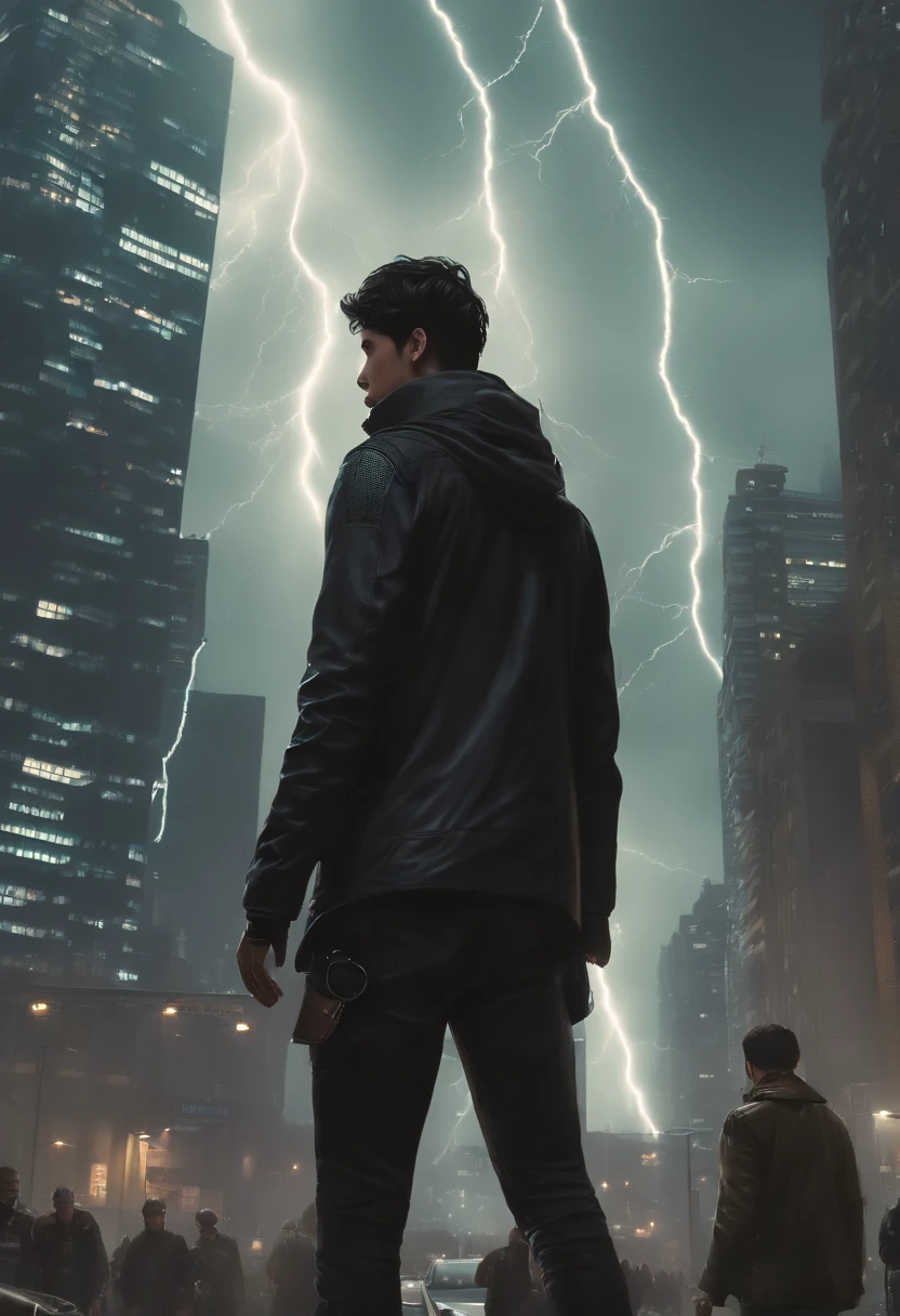 um menino de 13 anos、DAMP BODY、Protagonista estilo anime、looking at the camera、menino cyberpunk、The beginning of the adventure、(Encharcando:2)、(lightnings:1.5)、Muitas nuvens,Heavy fog、mistborn,Chaotic city of the future、Cinematic dystopia、A group of very tall skyscrapers is in the center、Paisagem urbana muito complexa,Crowded Chinese skyscrapers、Placas de rua、street lighting、taxis、Autocarros、Trem、blue lighting,estrada escura、Lots of puddles、caothic、Beautiful and fantastic landscapes、Cinematic setting、alta qualidade、masutepiece,em 8K、alta resolução、