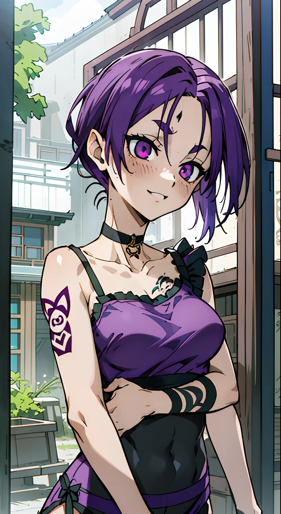 masutepiece, Best Quality, Ultra-detailed, Colorful,Up-close, Hyper-detailing,purple color hair, Reo Mikage, Blue Lock, no sleeves, Camisole and cheongsam, chinese clothes, Chest exposure, Underwear, Ruffled underwear, Metamorphosis is exposed, Choker, Black Choker, arm warmer, Relative area, The tattoo, arm tattoos, Dragon tattoo, body tattoo, face tattoo, Sexy breasts, Scar, Big breasts, red blush, 1girl in, Solo, Sharp face, Heterochromia, Green eyes, Purple eyes, Bare neck, Happy face, rays of sunshine, Brave Sky, shining sky, Shanghai Village, Slums