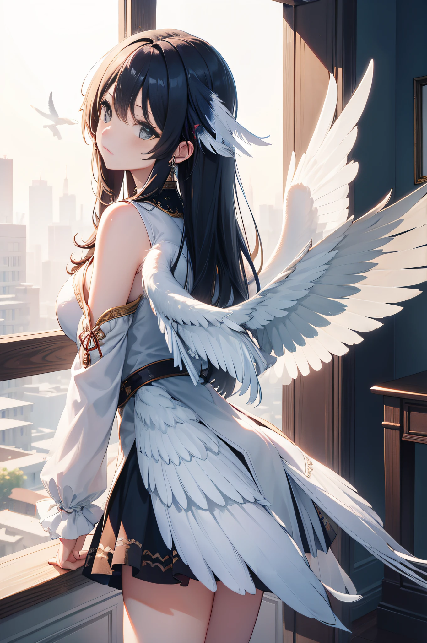 feathers, graceful bird, flying in the sunset, vibrant colors, detailed feathers, vividly textured, soft lighting, majestic pose, mesmerizing scene.