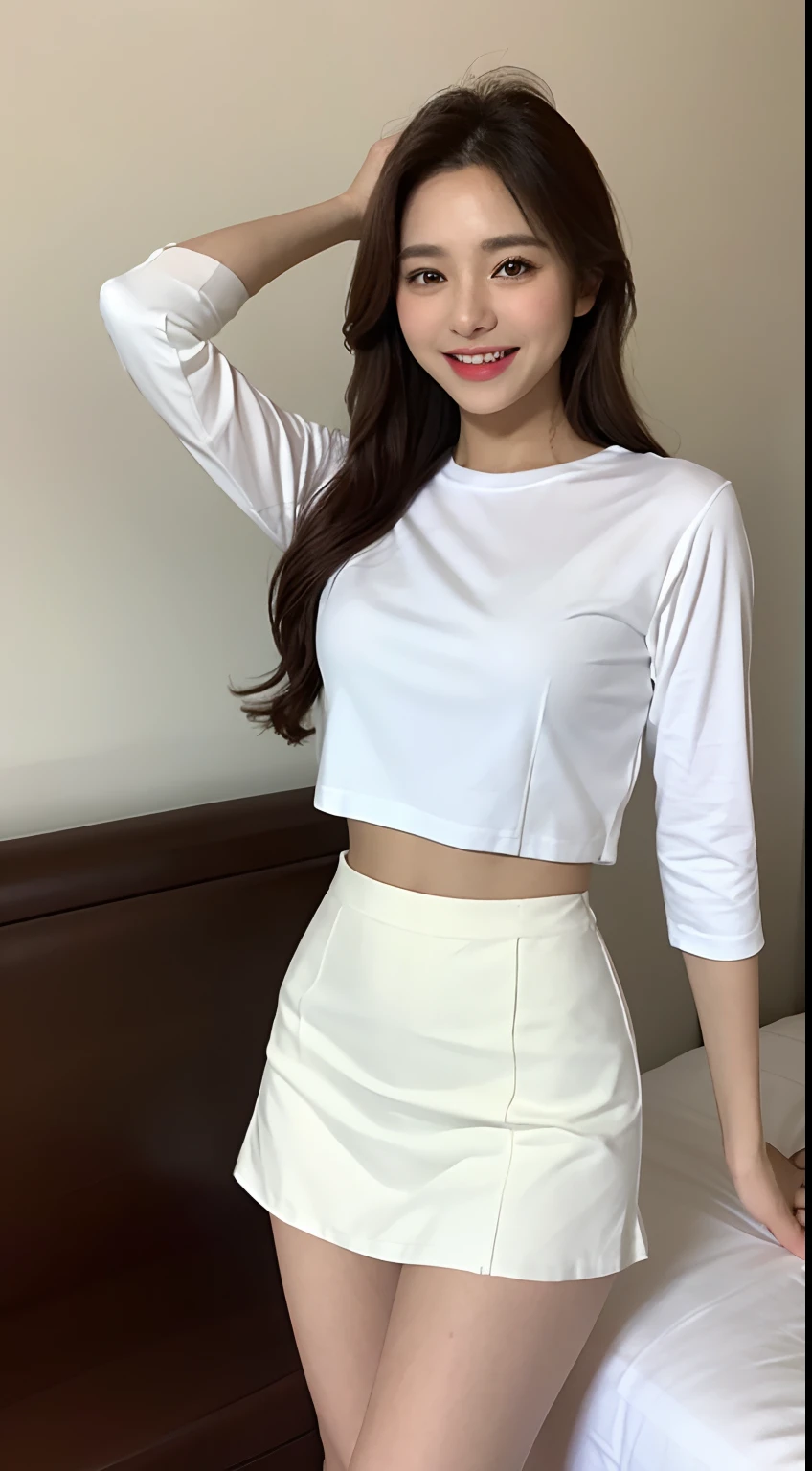 White tight shirt、White tight mini skirt、a bed、a smile、shortsleeves、high-level image quality