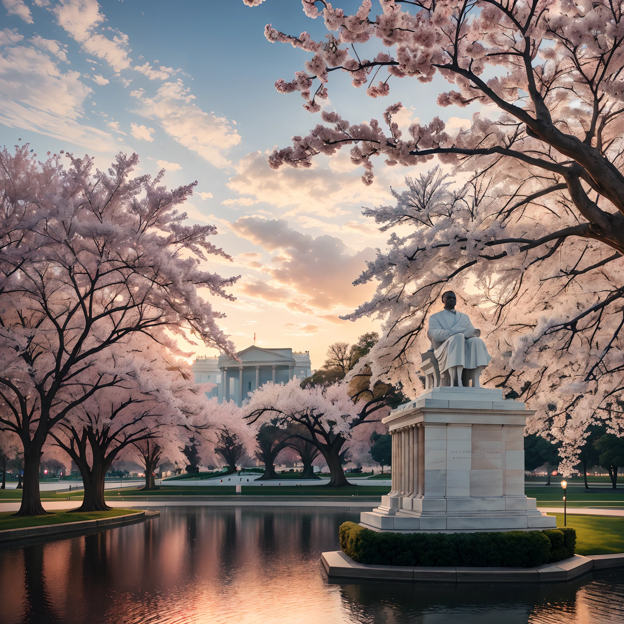 best quality,HD,ultra-detailed,realistic,monument,National Mall,Potomac River,Cherry Blossoms,White House,United States Capitol,Martin Luther King Jr. Memorial,beautiful sunset lighting,vivid colors,bokeh,photography style,neoclassical architecture