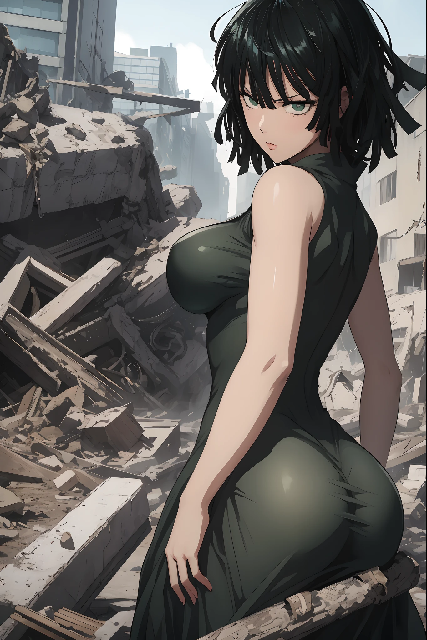Fubuki from one punch man, green hair, wearing V-neck dress, standing on destroyed city, colourful, blushing cheeks, big breast, big booty, back view.